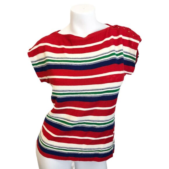 Lauren Ralph Lauren Linen Blend Knit Top Red White Blue Striped Marine Sz M EUC - Picture 1 of 4
